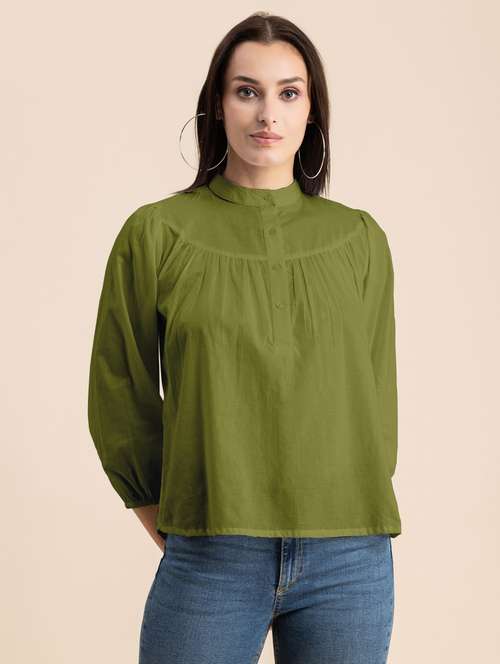 olive solid puff sleeves regular top - 20325830 - Standard Image - 0