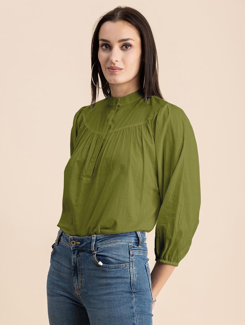 olive solid puff sleeves regular top - 20325830 - Standard Image - 1