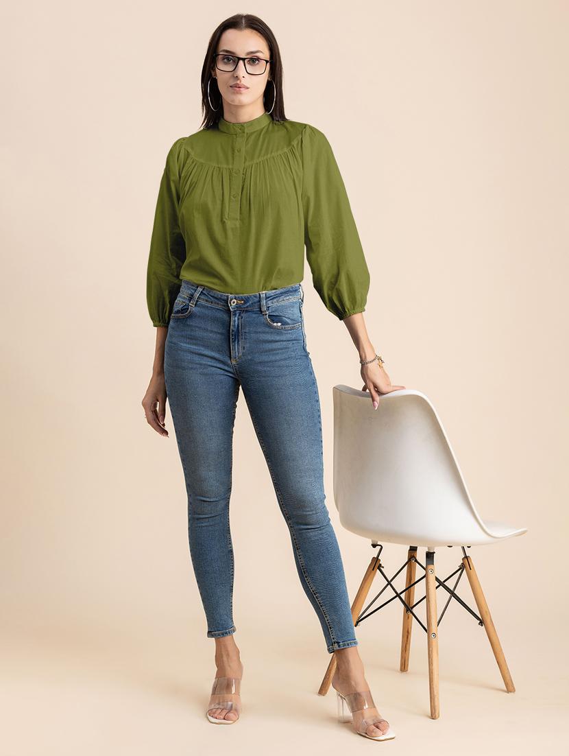 olive solid puff sleeves regular top - 20325830 - Standard Image - 4