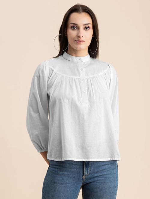 white solid puff sleeves regular top - 20325831 - Standard Image - 0
