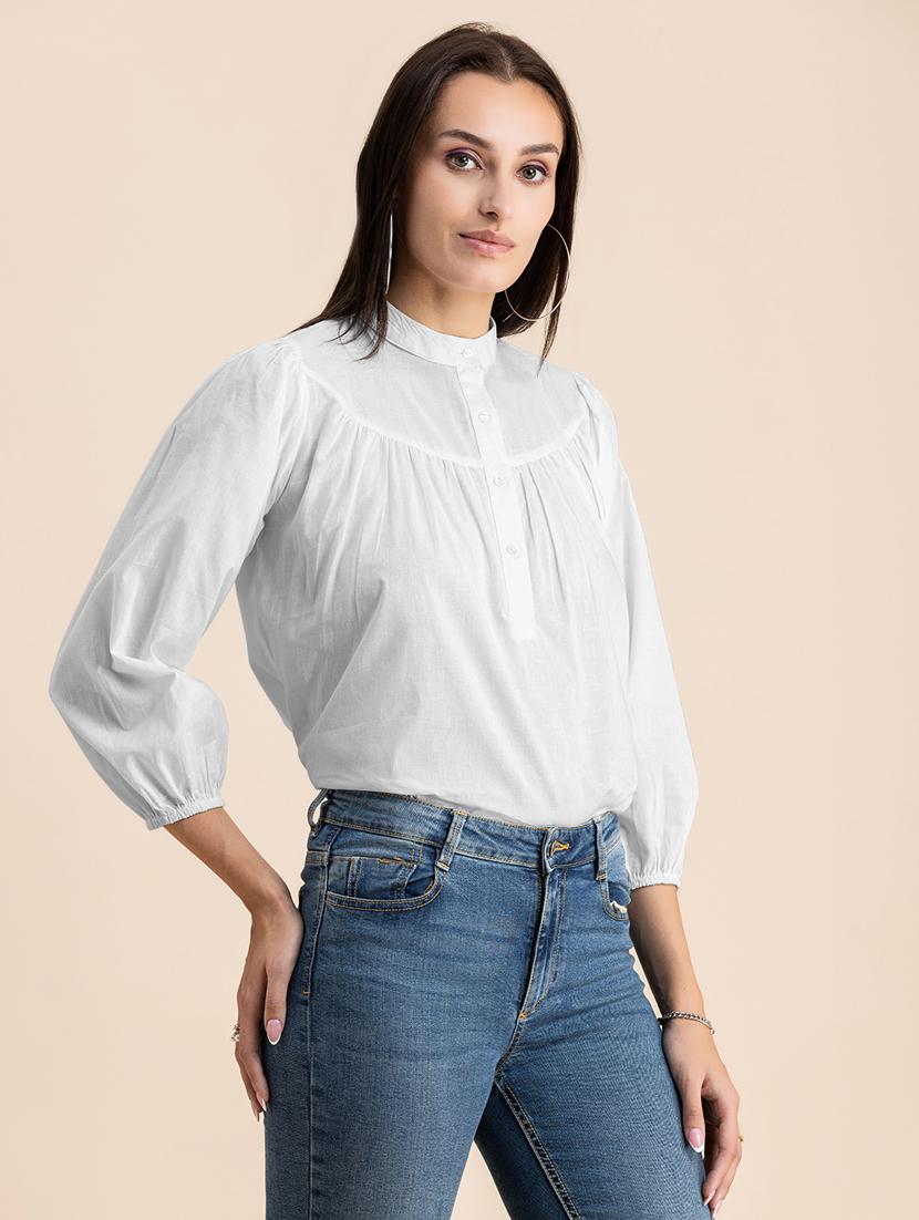 white solid puff sleeves regular top - 20325831 -  Standard Image - 1