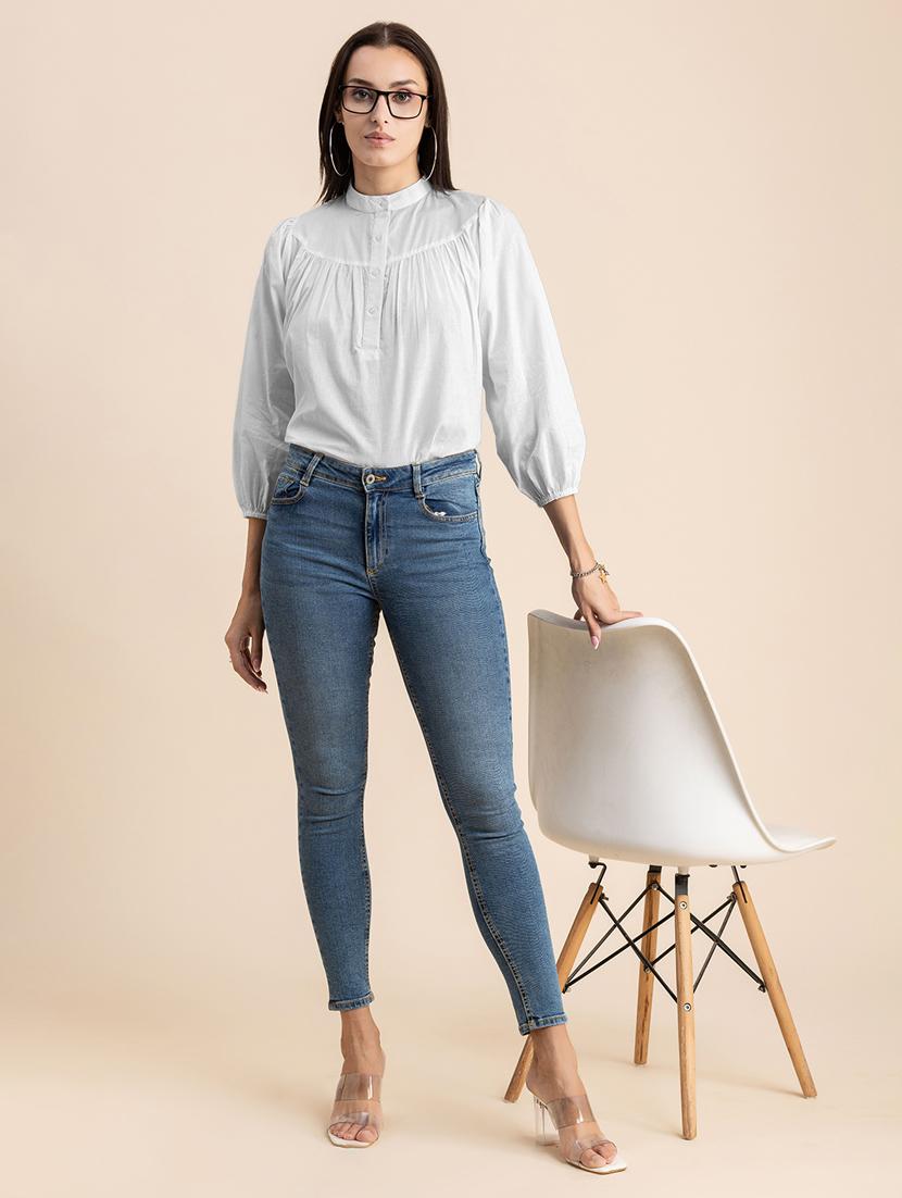 white solid puff sleeves regular top - 20325831 - Standard Image - 4