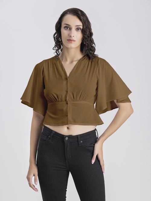 brown solid bell sleeves crop top - 20325832 - Standard Image - 0