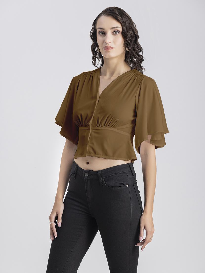 brown solid bell sleeves crop top - 20325832 -  Standard Image - 1