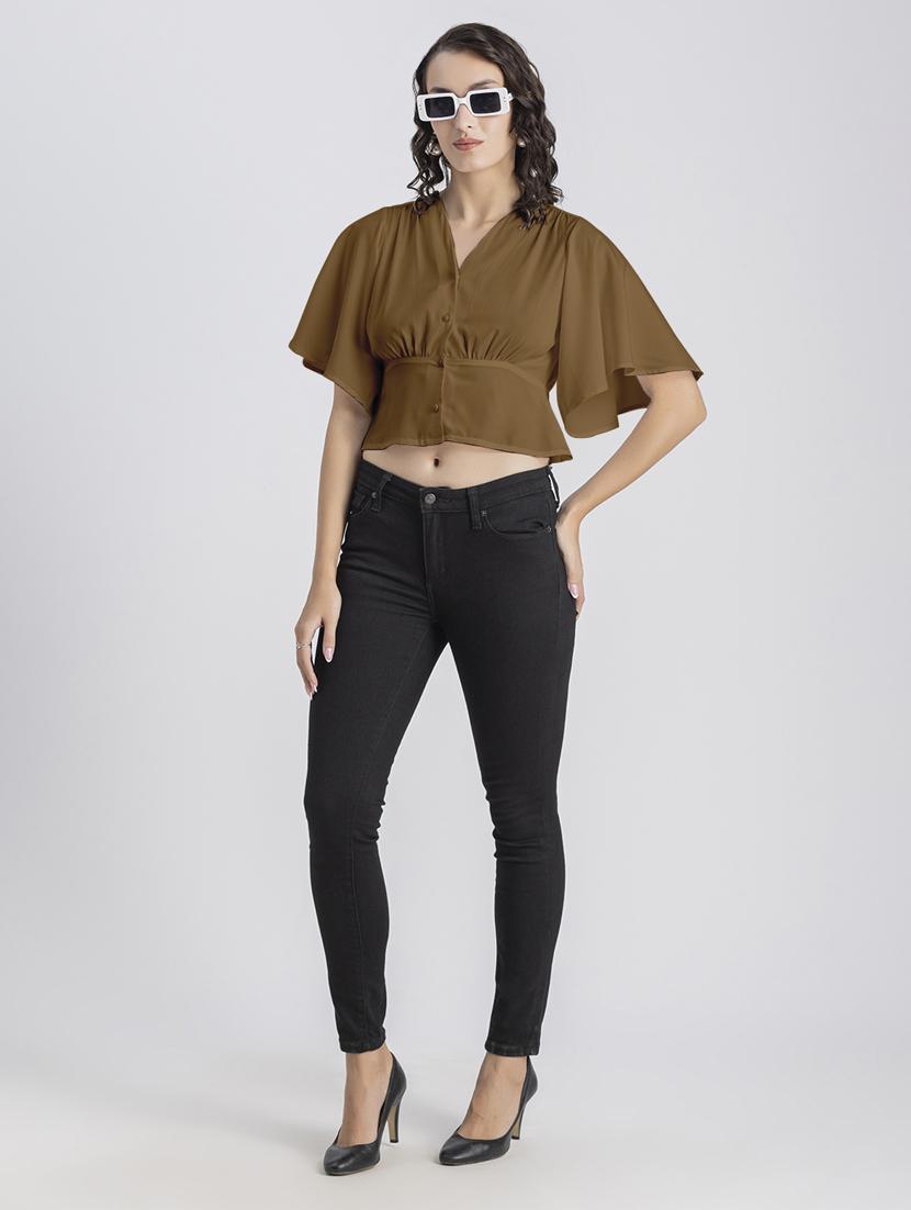 brown solid bell sleeves crop top - 20325832 - Standard Image - 4