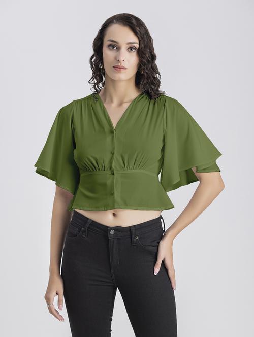green solid bell sleeves crop top - 20325833 - Standard Image - 0
