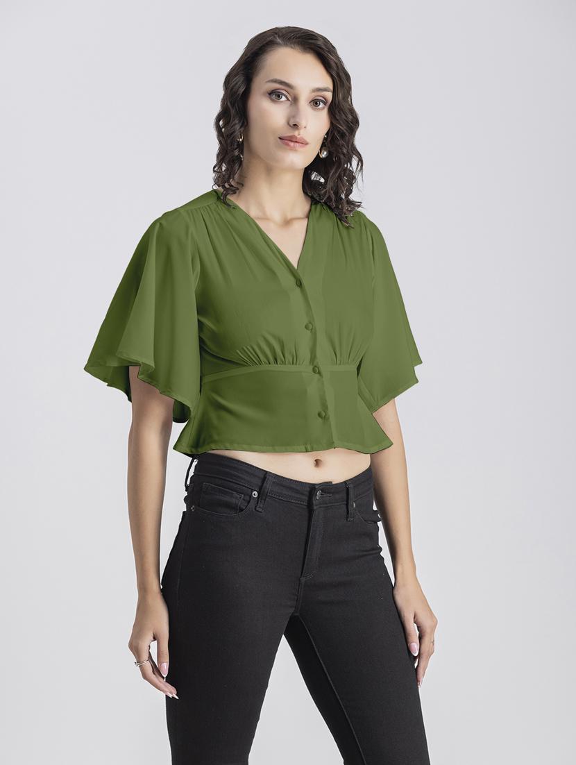 green solid bell sleeves crop top - 20325833 - Standard Image - 1