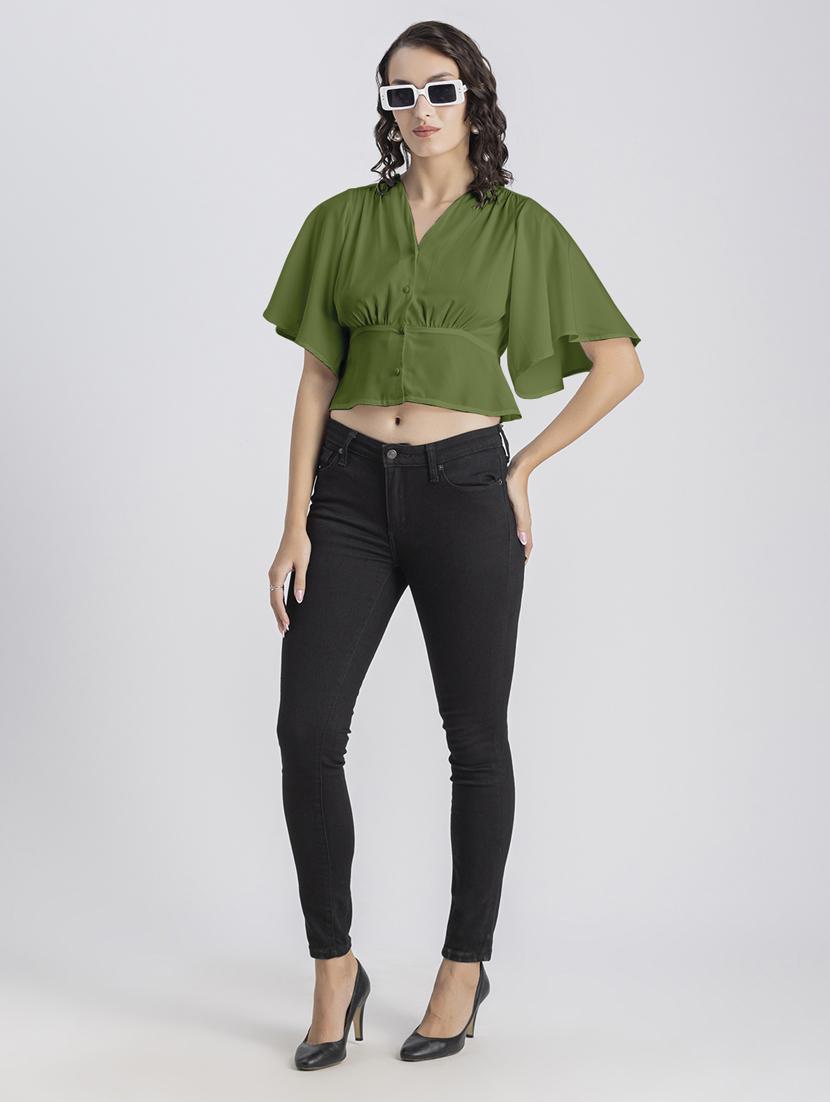 green solid bell sleeves crop top - 20325833 - Standard Image - 4