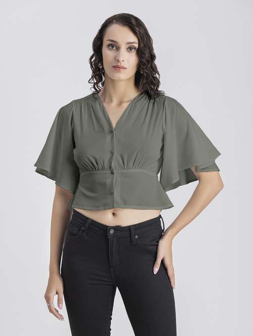 grey solid bell sleeves crop top - 20325834 - Standard Image - 0