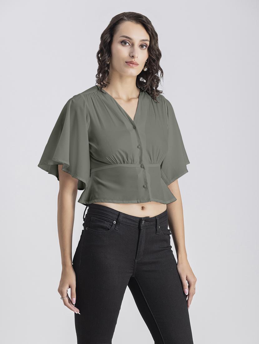 grey solid bell sleeves crop top - 20325834 - Standard Image - 1