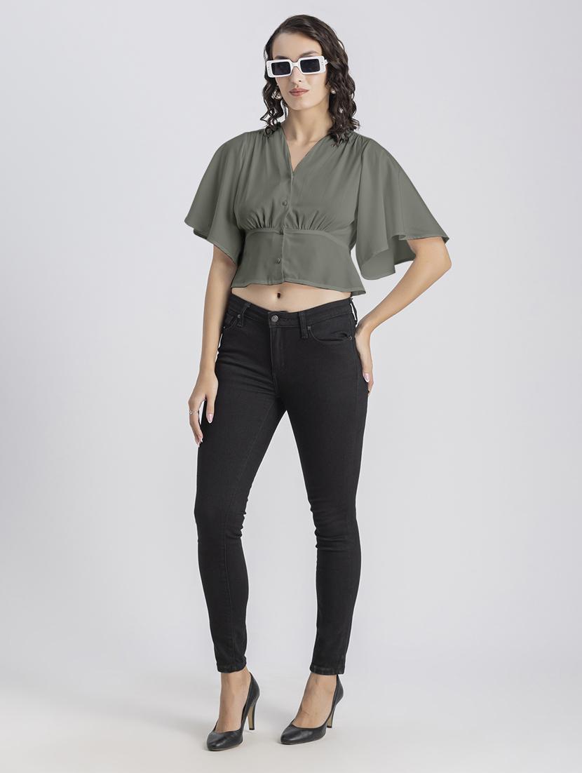 grey solid bell sleeves crop top - 20325834 - Standard Image - 4