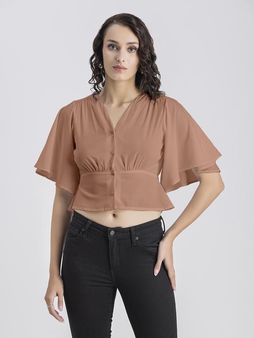 peach solid bell sleeves crop top - 20325835 - Standard Image - 0