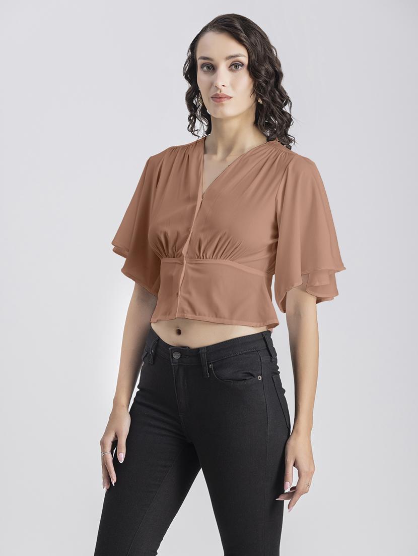 peach solid bell sleeves crop top - 20325835 -  Standard Image - 1