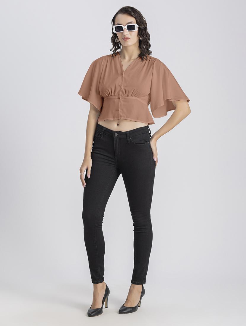 peach solid bell sleeves crop top - 20325835 - Standard Image - 4