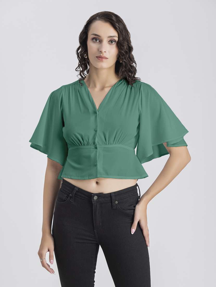 green solid bell sleeves crop top