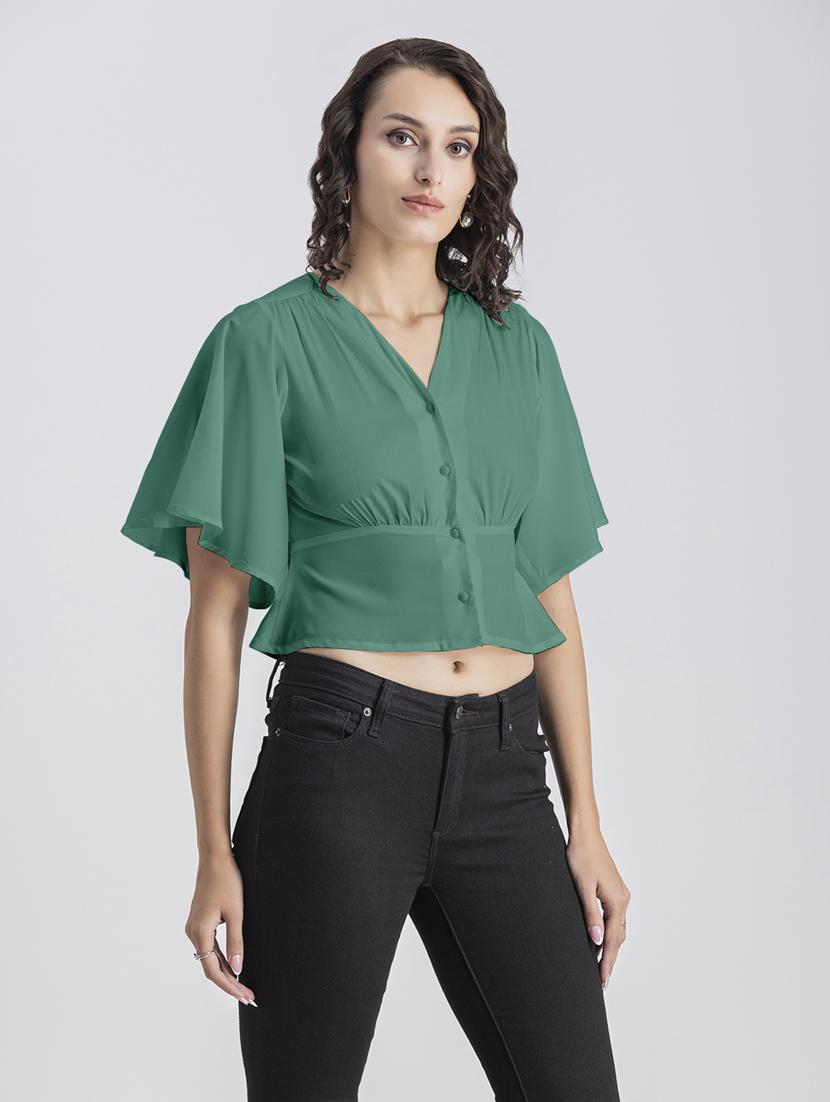 green solid bell sleeves crop top - 20325836 - Standard Image - 1