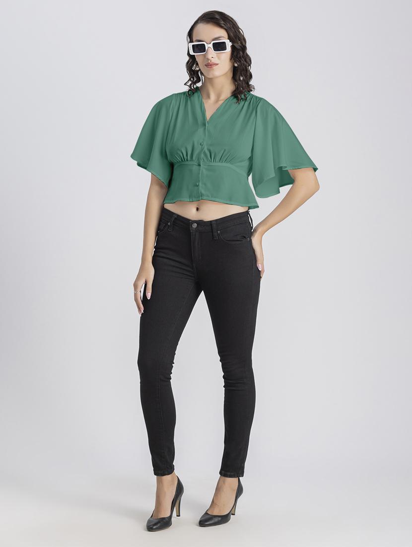 green solid bell sleeves crop top - 20325836 - Standard Image - 4