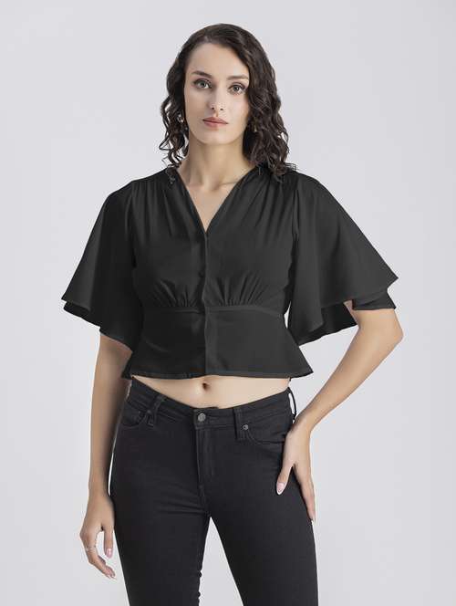 black solid bell sleeves crop top - 20325837 - Standard Image - 0