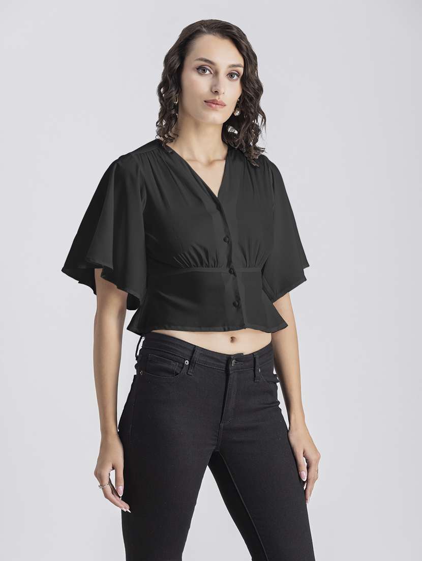 black solid bell sleeves crop top - 20325837 - Standard Image - 1