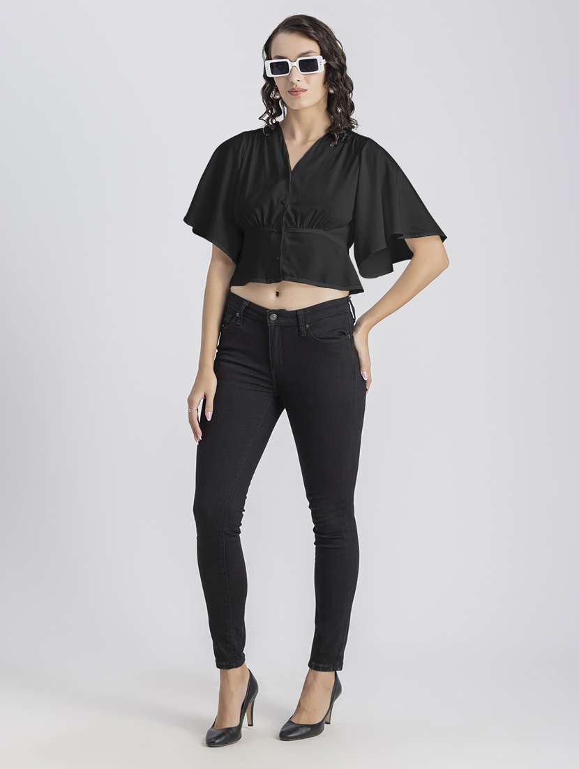 black solid bell sleeves crop top - 20325837 - Standard Image - 4