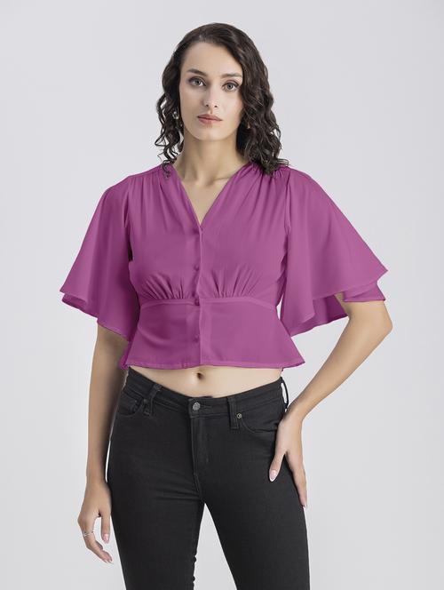 pink solid bell sleeves crop top - 20325838 - Standard Image - 0