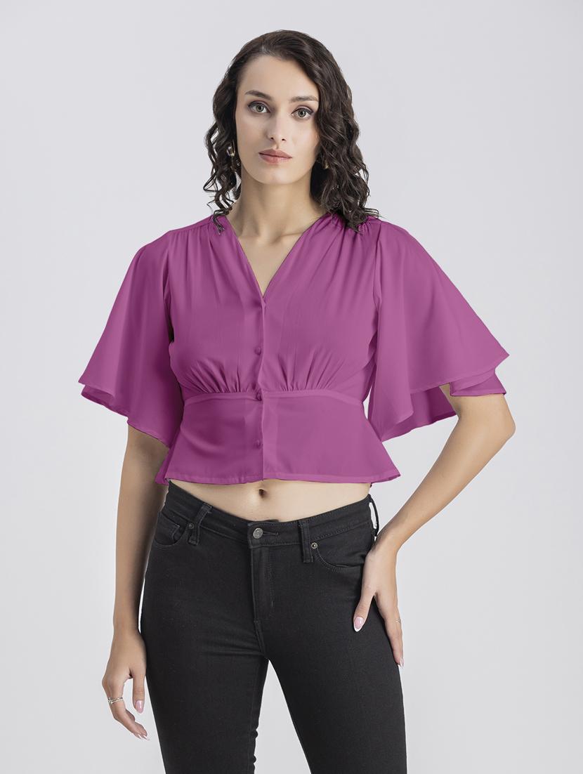 pink solid bell sleeves crop top - 20325838 - Zoom Image - 0
