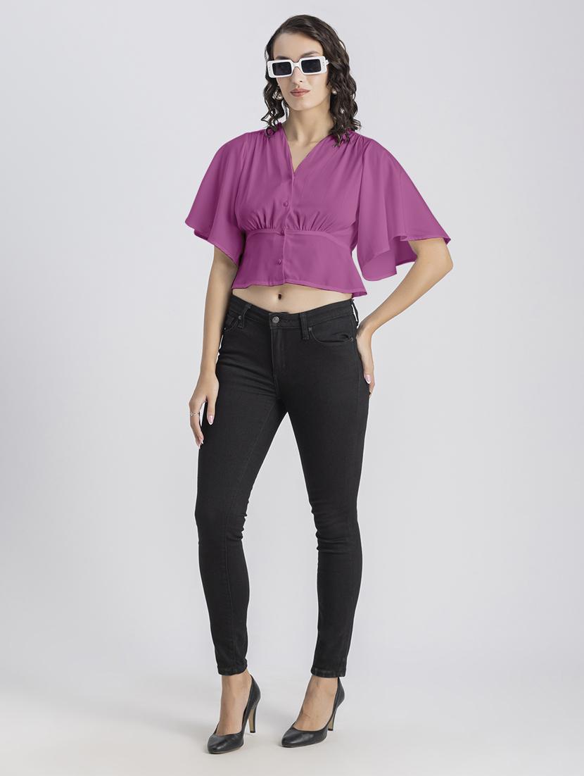 pink solid bell sleeves crop top - 20325838 - Standard Image - 4