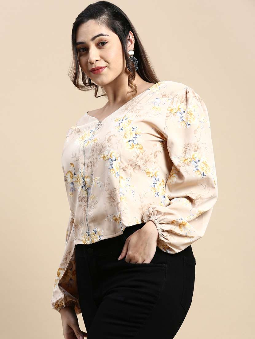 Beige Floral Crop Top - 20325866 -  Standard Image - 1