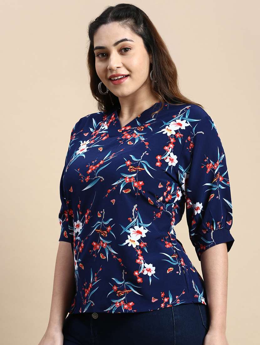 navy blue floral straight top - 20325873 -  Standard Image - 1