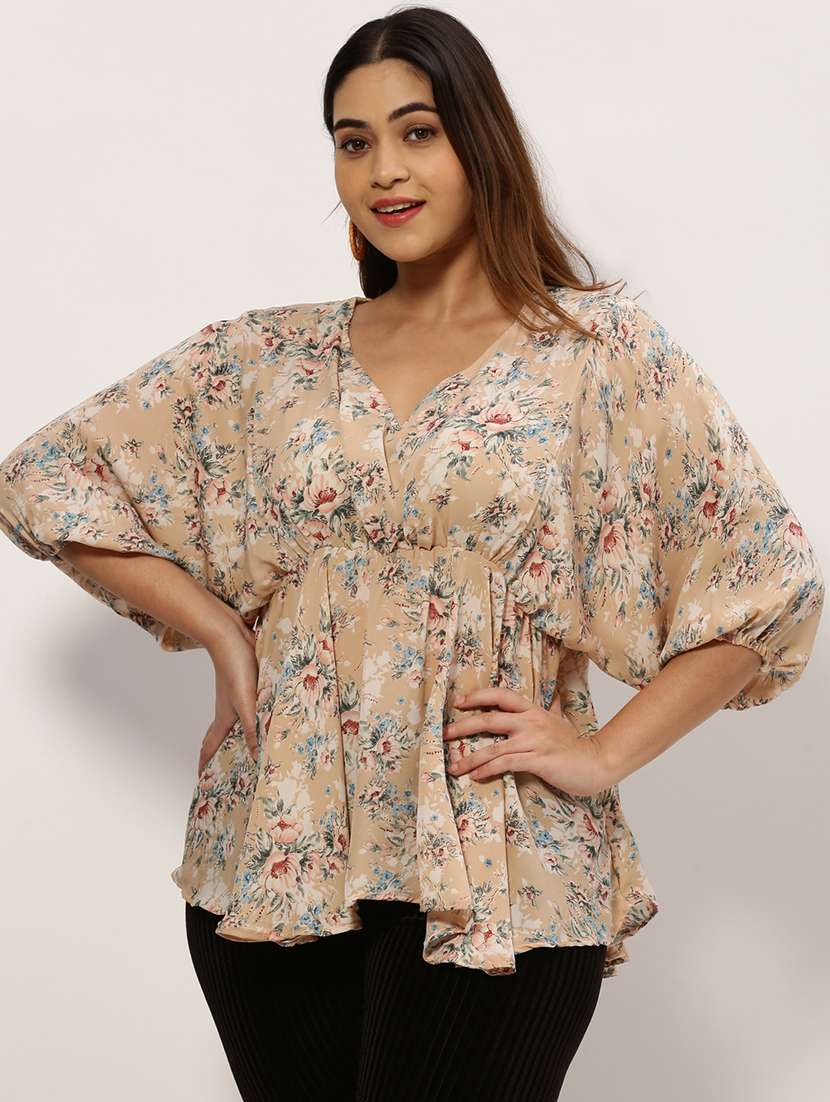 beige floral print peplum top - 20325893 -  Standard Image - 1