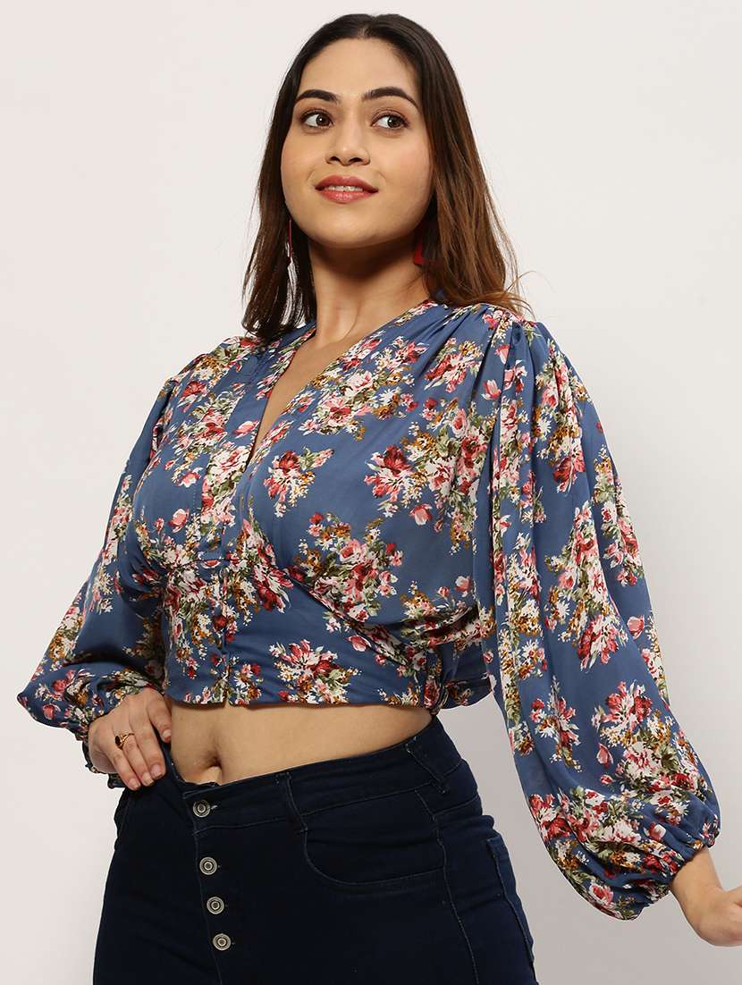 Blue Floral Print Plus Size Top - 20325903 -  Standard Image - 1