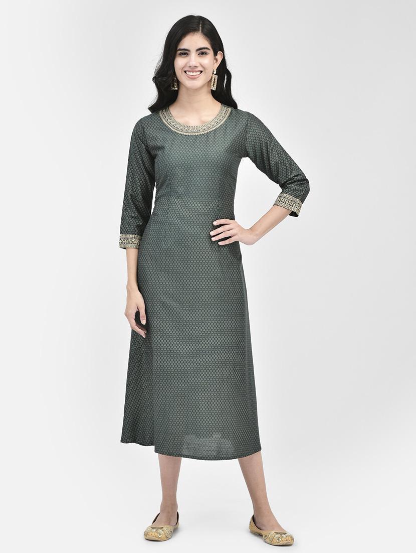 green three quarter sleeve a-line kurta - 20325957 - Zoom Image - 0