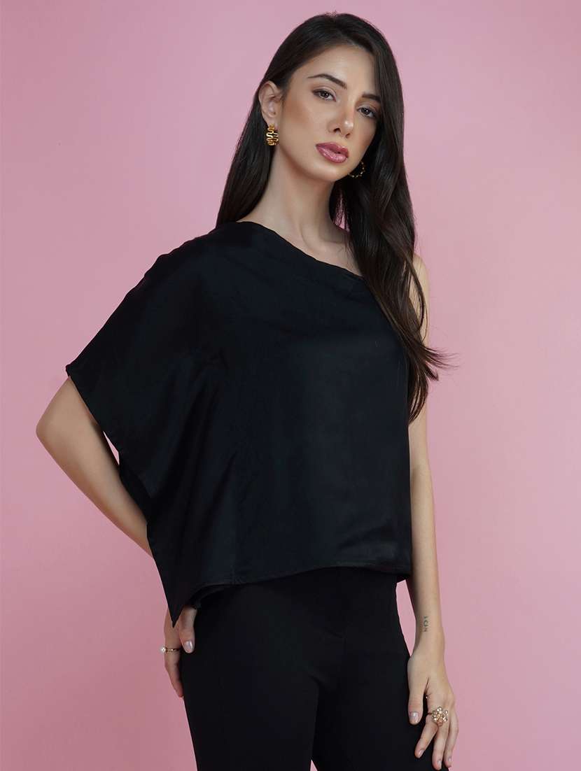 black solid single shoulder regular top - 20327713 -  Standard Image - 1