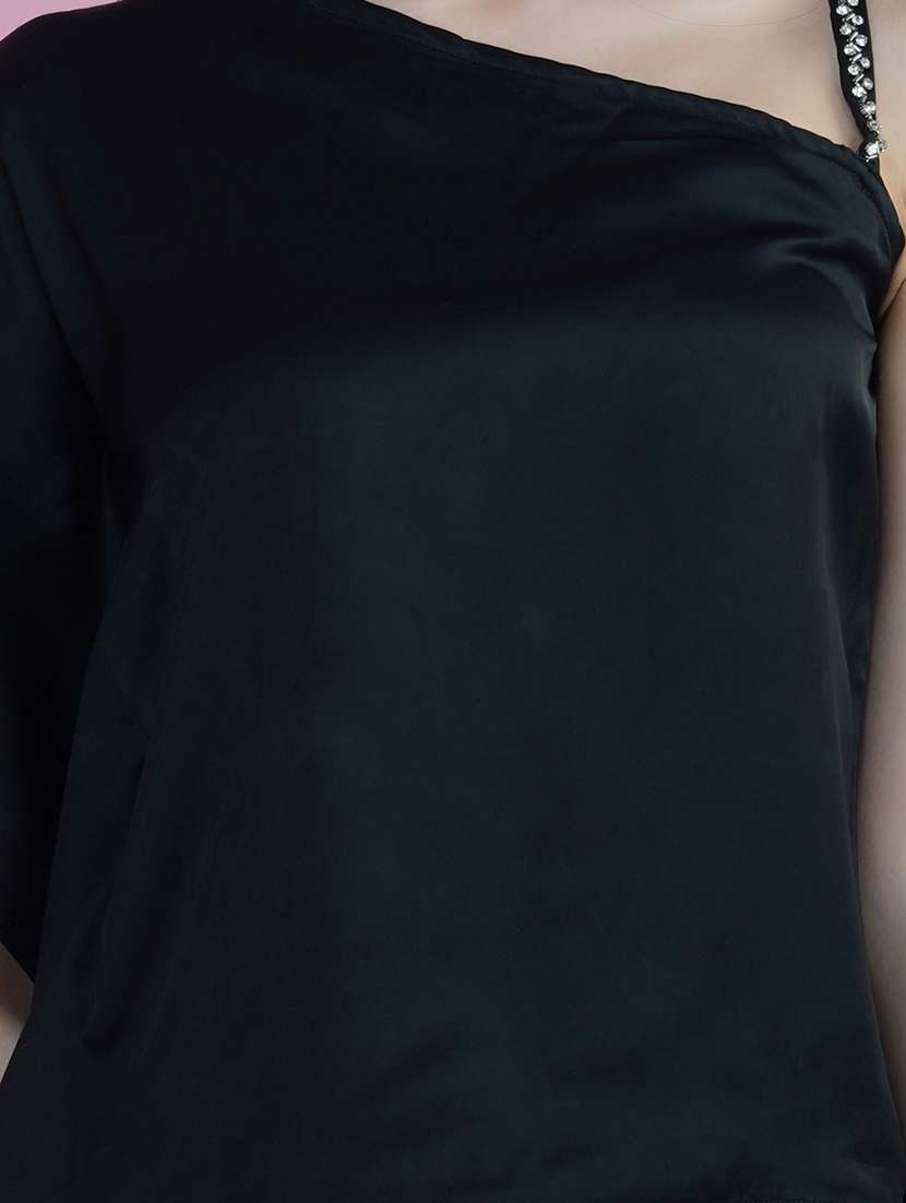 black solid single shoulder regular top - 20327713 -  Standard Image - 4