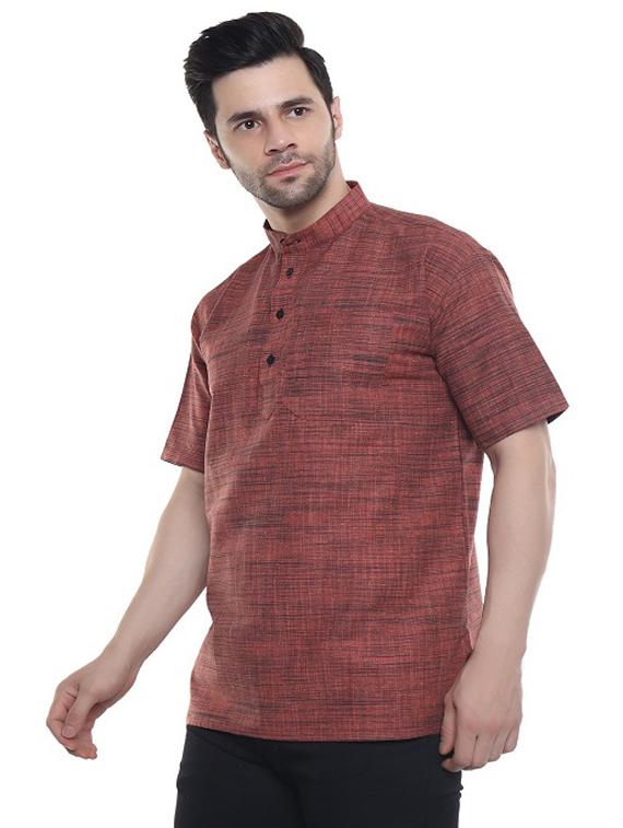 men rust orange self design cotton short kurta - 20329810 - Standard Image - 1