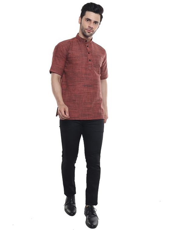 men rust orange self design cotton short kurta - 20329810 - Standard Image - 4