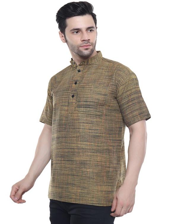 men olive self design cotton short kurta - 20329812 -  Standard Image - 1