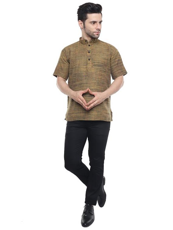 men olive self design cotton short kurta - 20329812 - Standard Image - 4