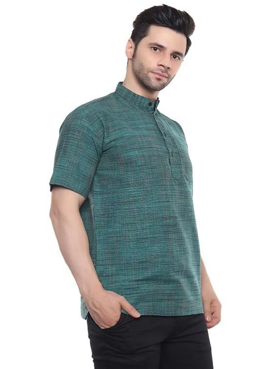 men teal green self design cotton short kurta - 20329813 -  Standard Image - 1