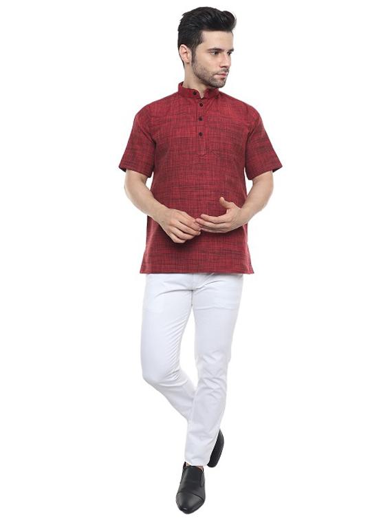 men red self design cotton short kurta - 20329814 - Standard Image - 4