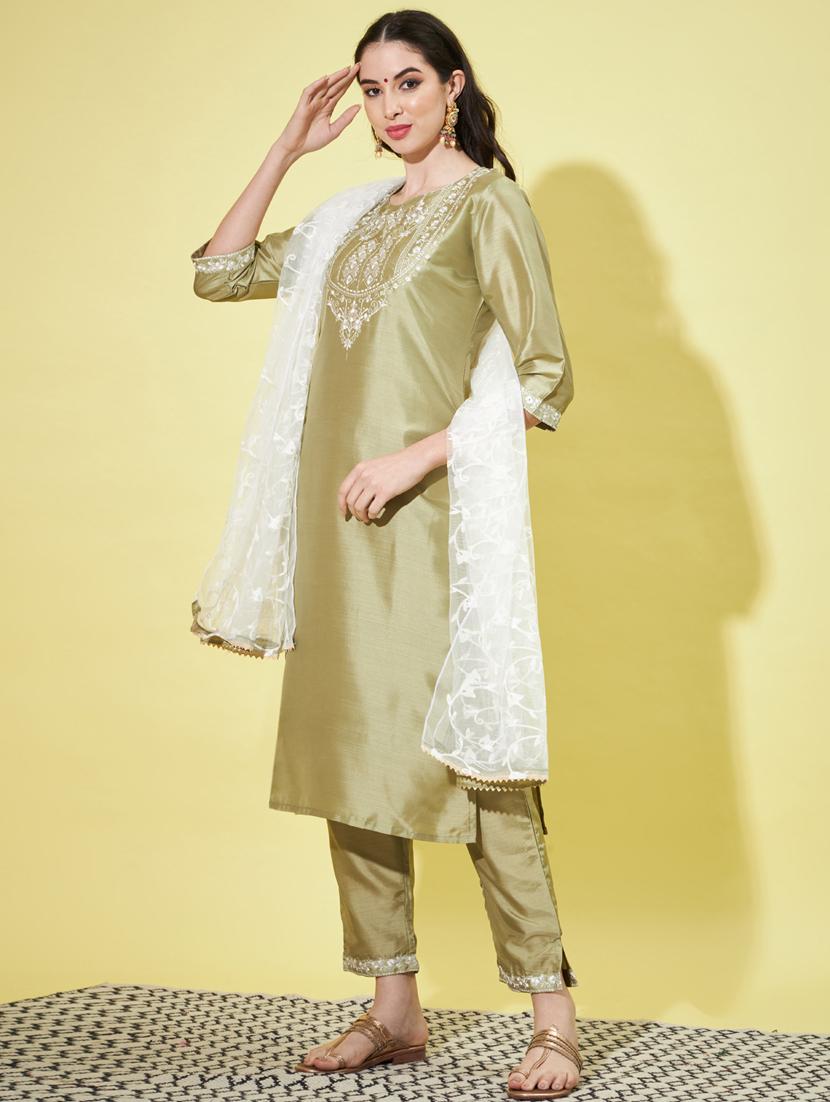 women three quarter sleeve kurta pant with dupatta set - 20329862 -  Standard Image - 1