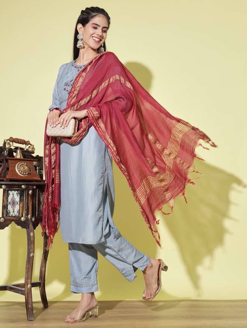 women three quarter sleeve kurta pant with dupatta set