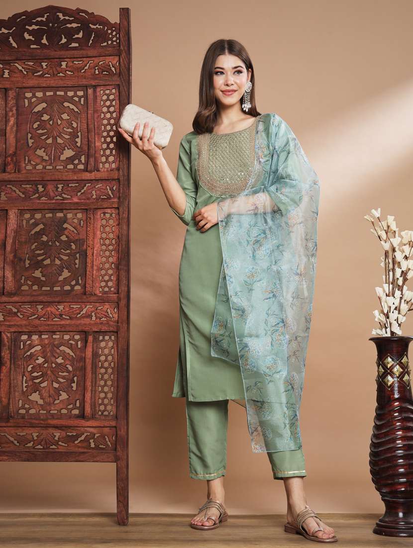 women three quarter sleeve kurta pant with dupatta set