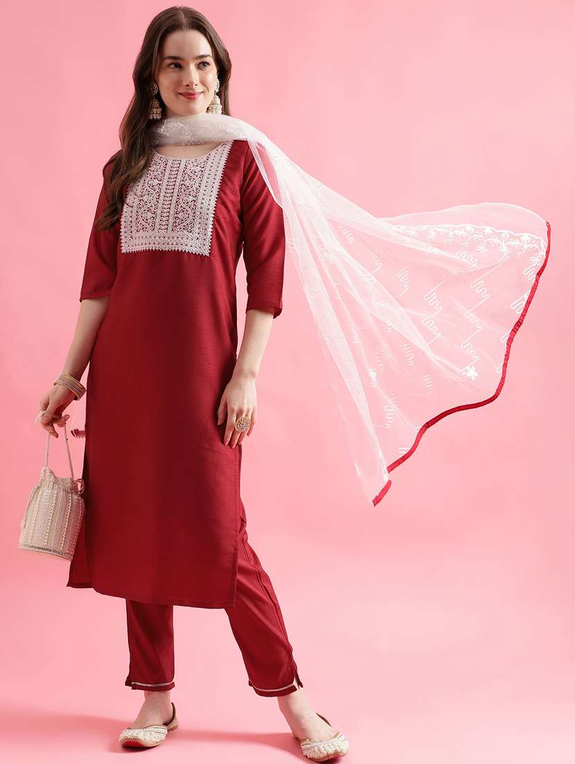 women three quarter sleeve kurta pant with dupatta set