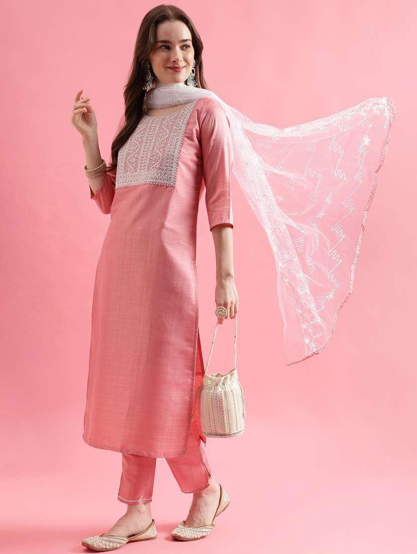women three quarter sleeve kurta pant with dupatta set - 20329890 - Zoom Image - 0