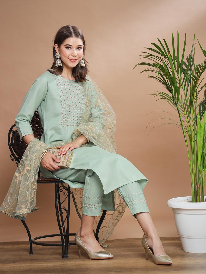 women three quarter sleeve kurta pant with dupatta set - 20329898 - Standard Image - 1