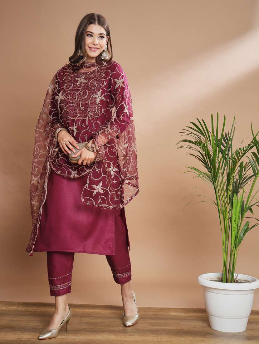 women three quarter sleeve kurta pant with dupatta set - 20329899 - Standard Image - 1