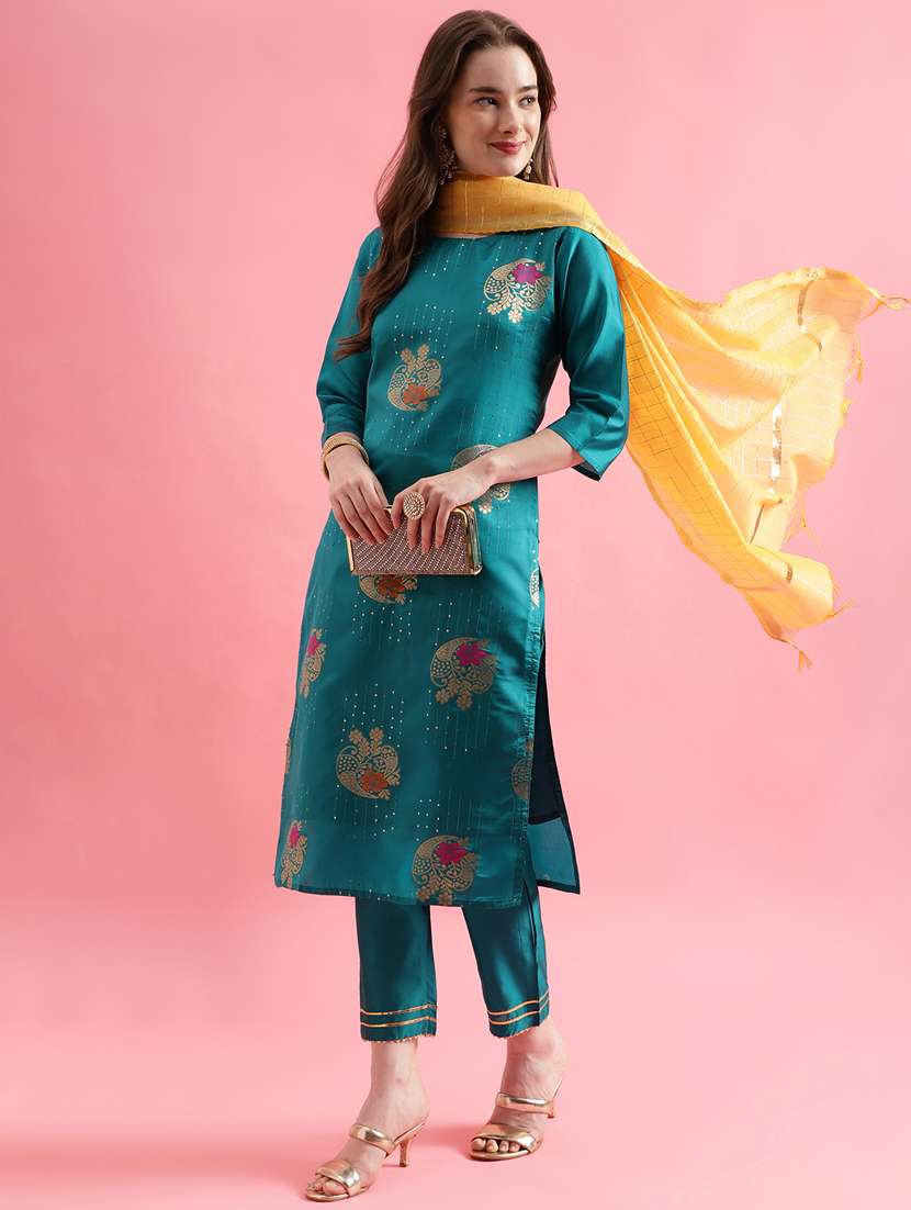 women teal round neck kurta pant set with dupatta
