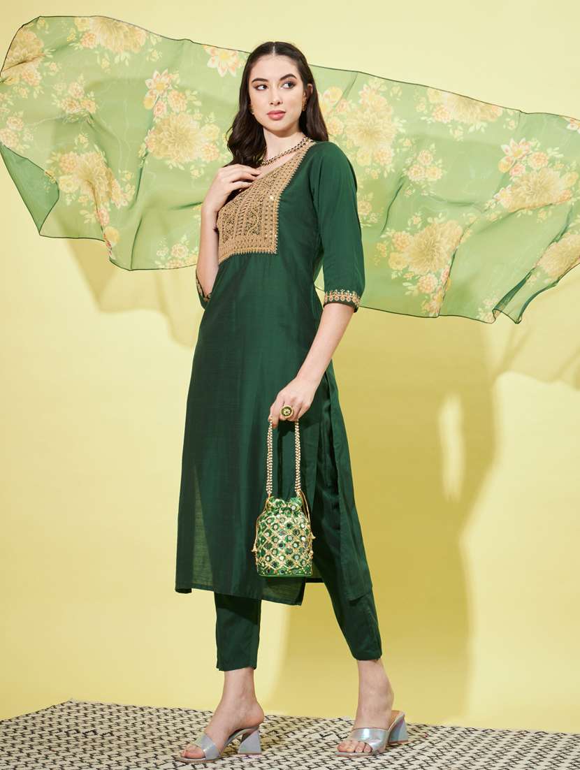 women three quarter sleeve kurta pant with dupatta set