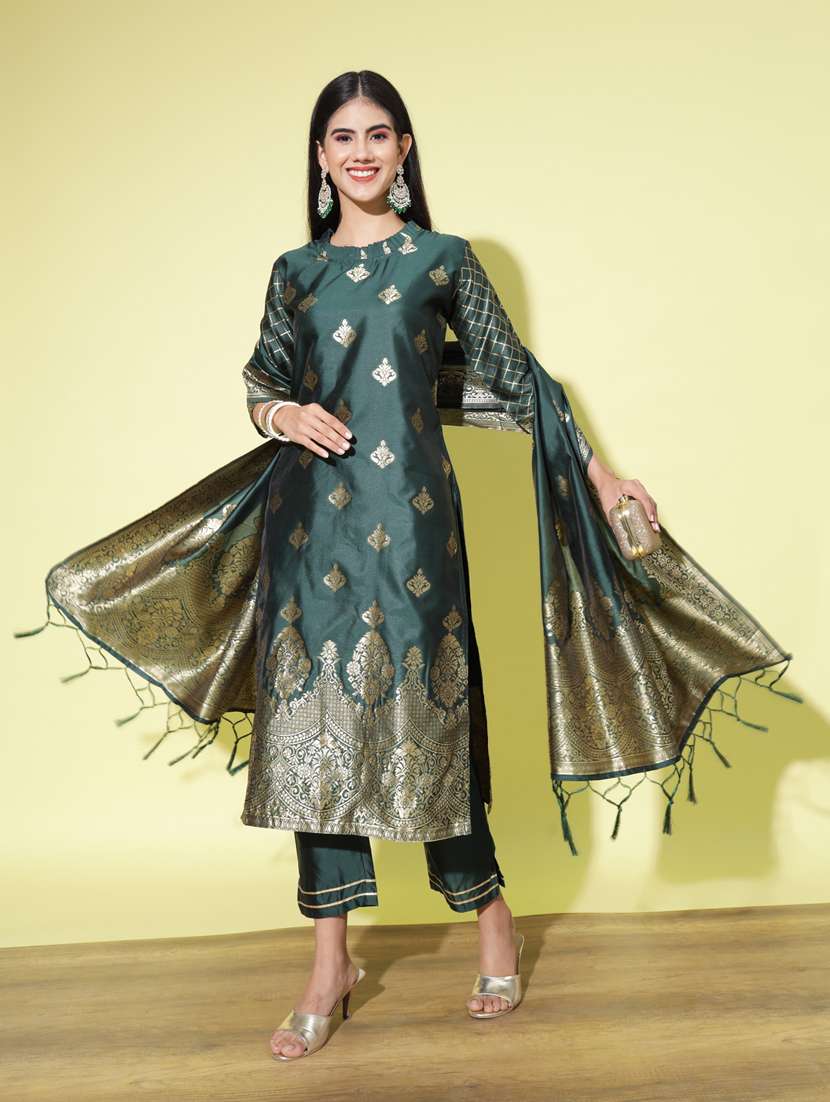 bottle green colored kurta pant set